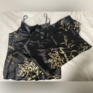 Gold Floral print in Black Satin sleepwear set